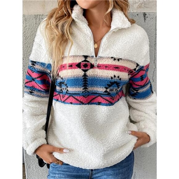 Cozy Sherpa Geometric Quarter Zip Sweatshirt - Picture 1 of 5